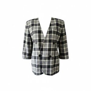 Lord & Taylor Petites Plaid Double-Breasted Blazer Size 8 Gray Black Check